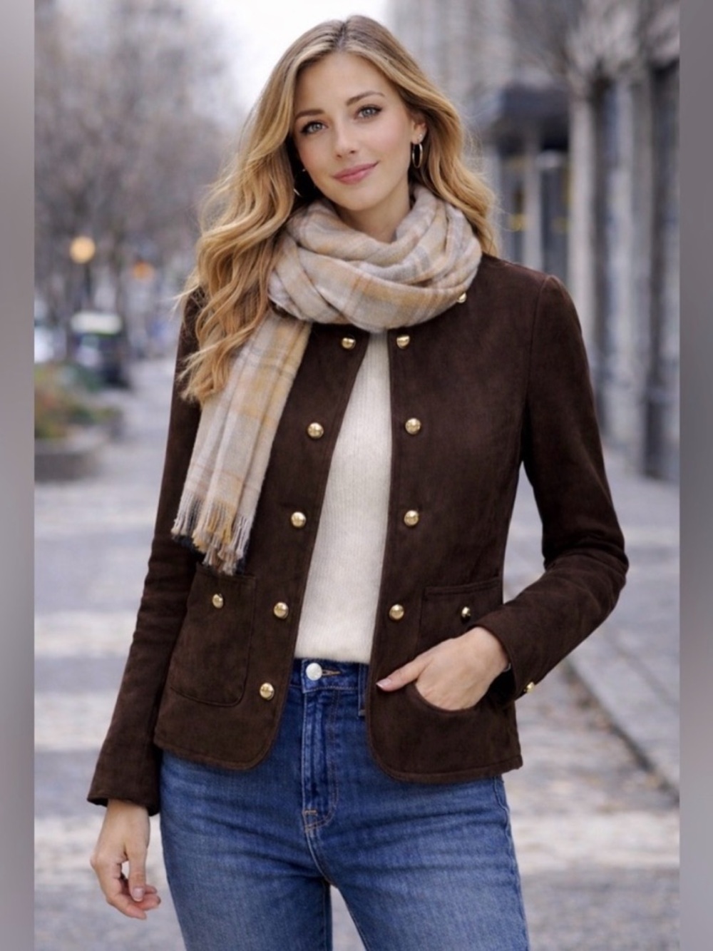 Bailey 44 Collarless Faux Suede Blazer with Gold Buttons